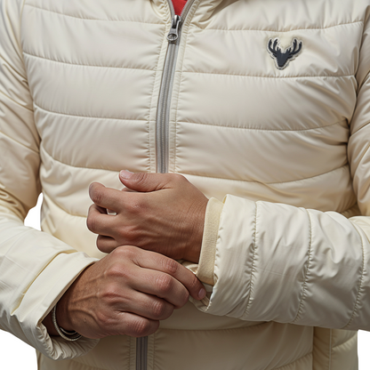 hood drawstrings and embroidered deer logo on cream jacket