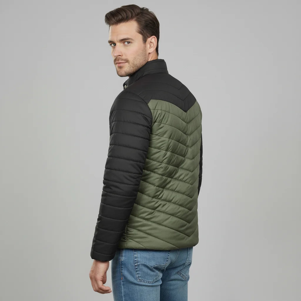 Two tone olive green black puffer jacket