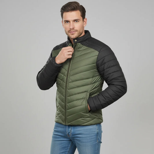 Olive green and black two tone puffer jacket