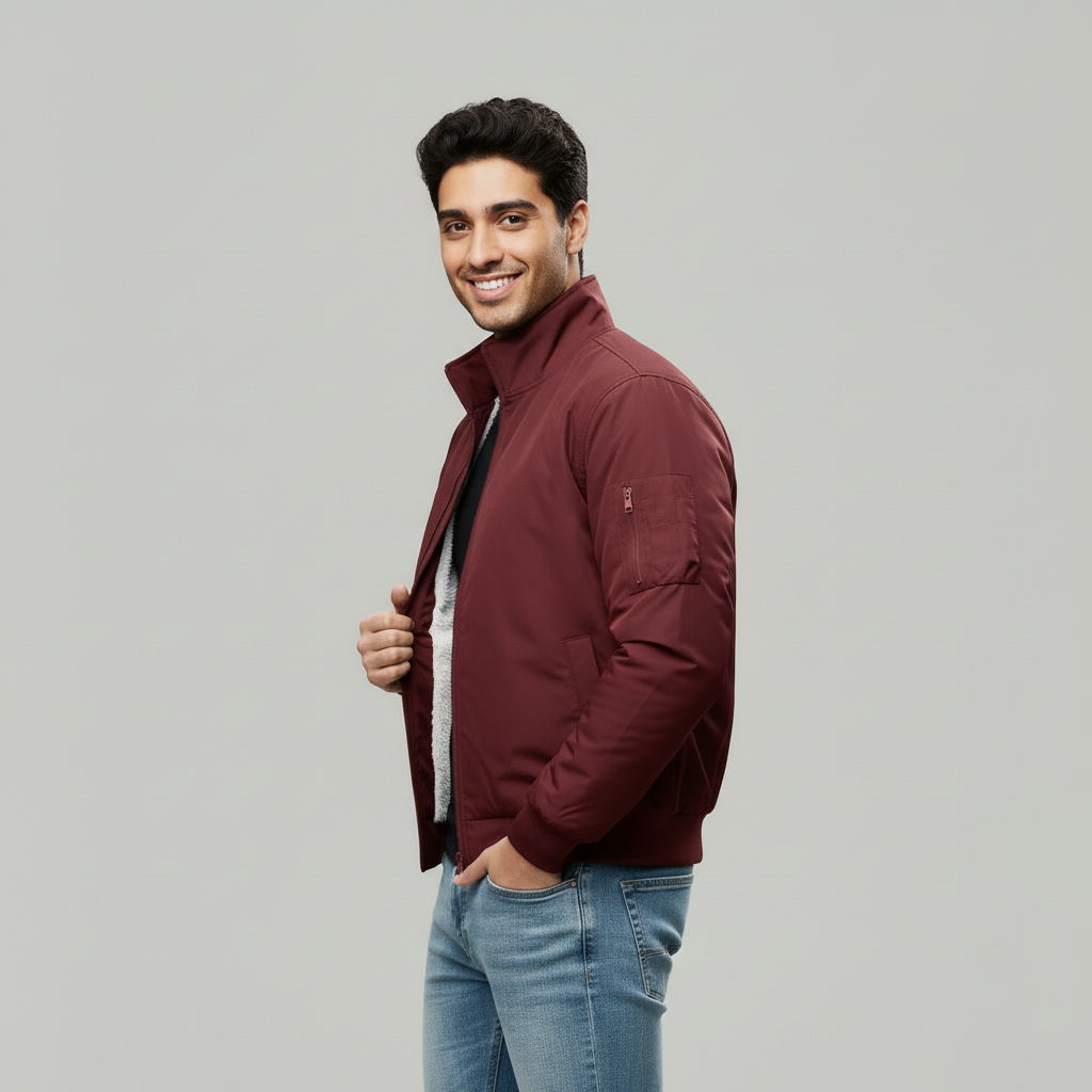 Men's Mahroon Sherpa Lined Bomber Jacket