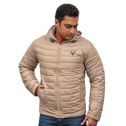 Men's beige puffer jacket front view with hood and zip closure