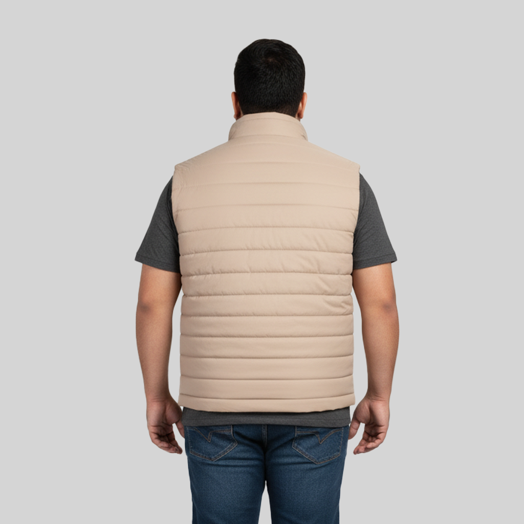 Men's Beige Puffer Gilet Jacket back pose 