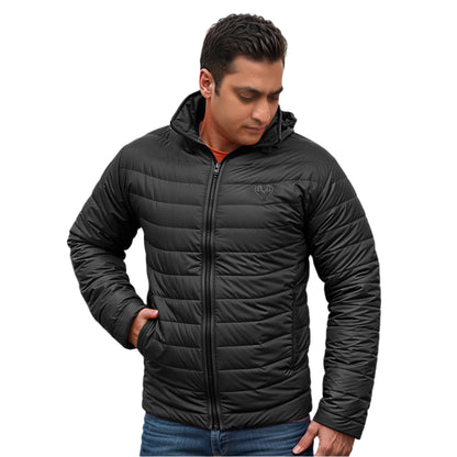 Men's Black Hooded Puffer Jacket - Front View with Full Zip
