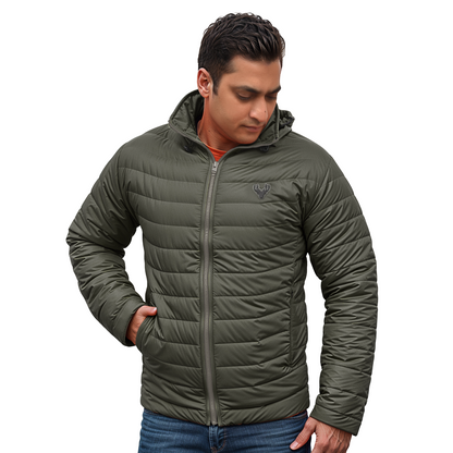 Olive green quilted bomber jacket for men Pakistan front view military style Khambra Sports