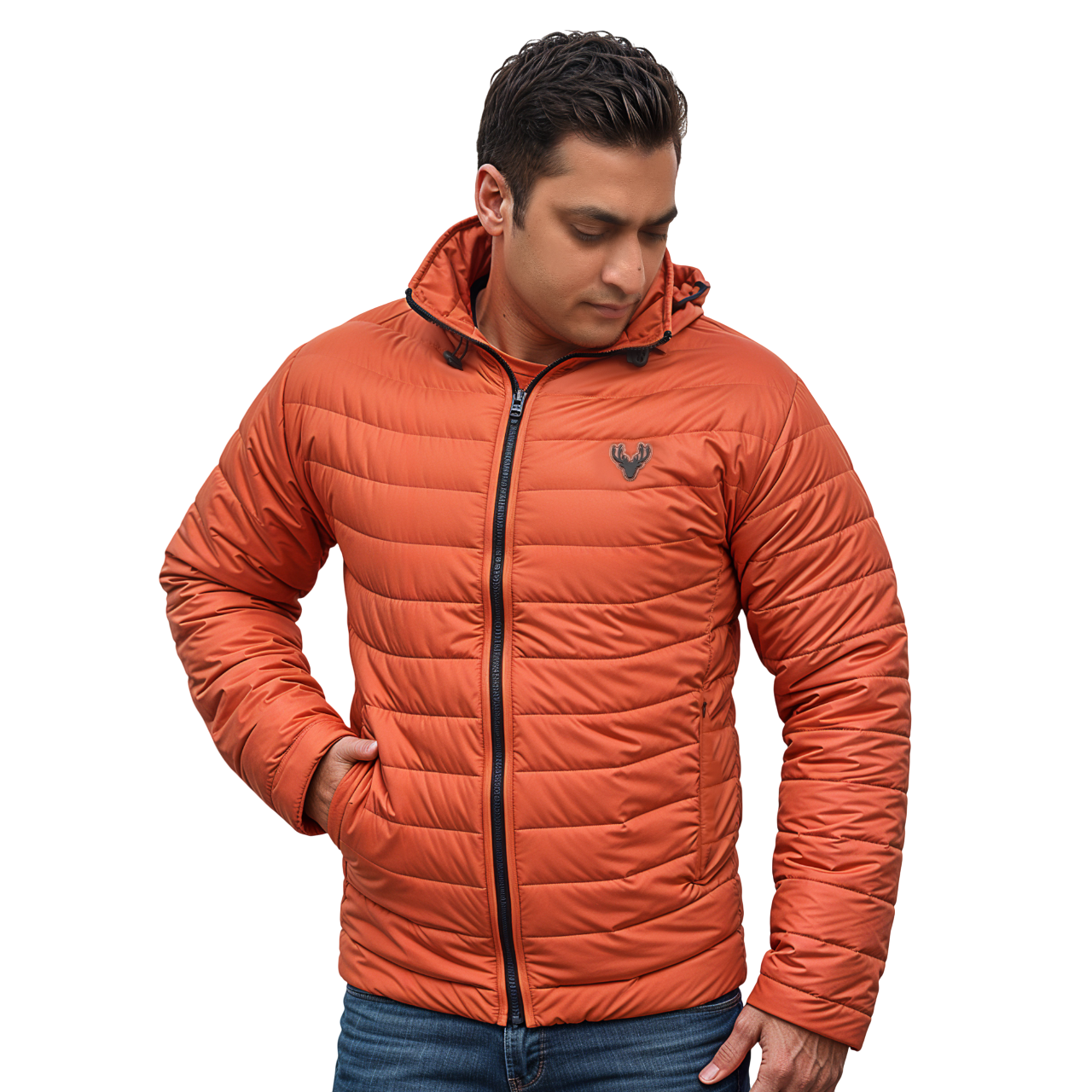 Rust orange lightweight puffer jacket for men
