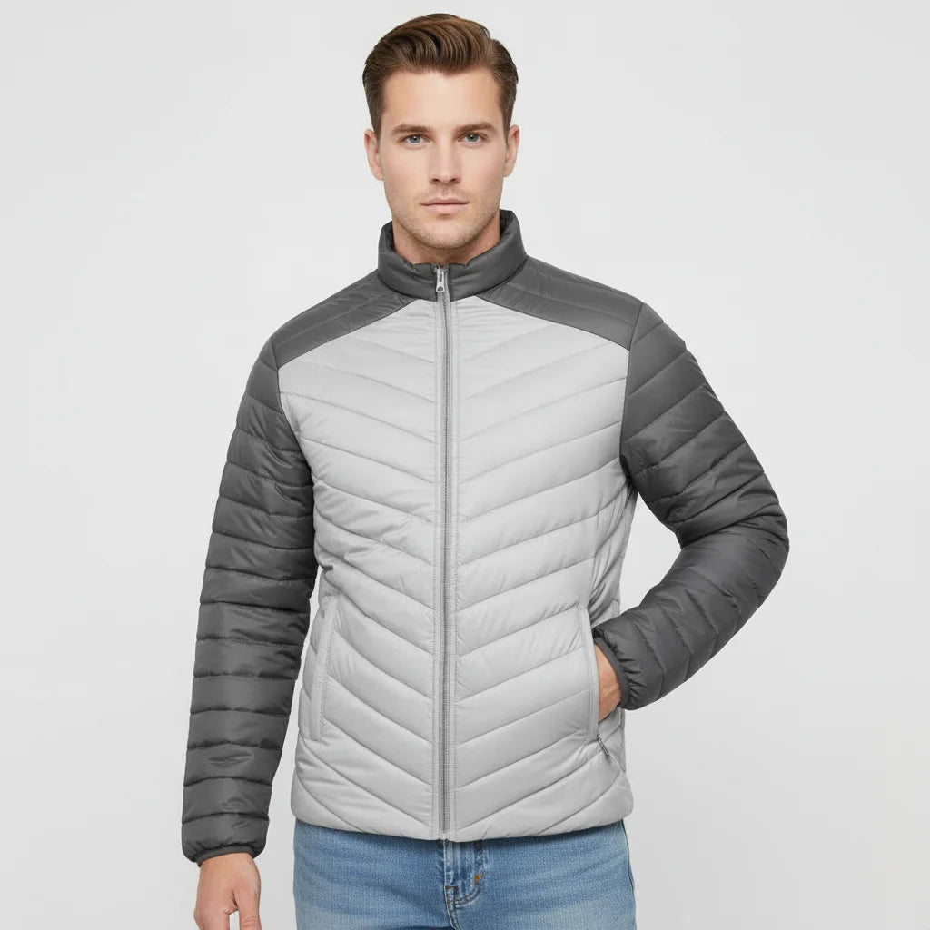 Men Light Grey Puffer Jacket Two Tone Dark Grey Sleeves Windproof Winter Jacket Khambra Sports