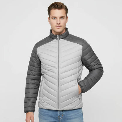 Men Light Grey Puffer Jacket Two Tone Dark Grey Sleeves Windproof Winter Jacket Khambra Sports