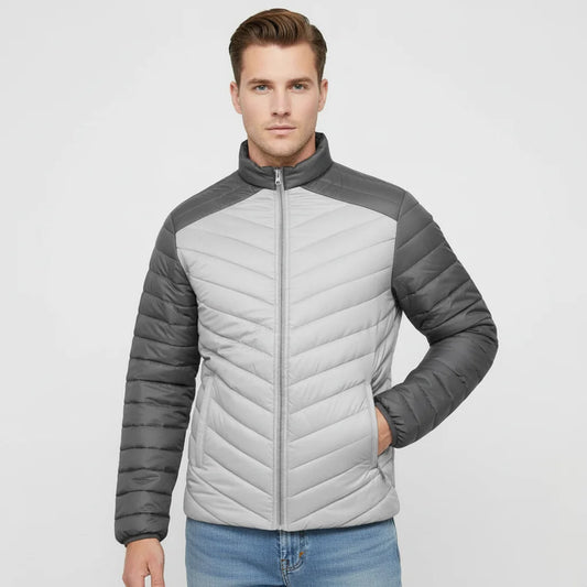 Men Light Grey Puffer Jacket Two Tone Dark Grey Sleeves Windproof Winter Jacket Khambra Sports