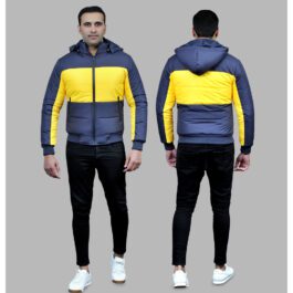 Mens Puffer Jacket Yellow & Navy With Detachable Hoodie